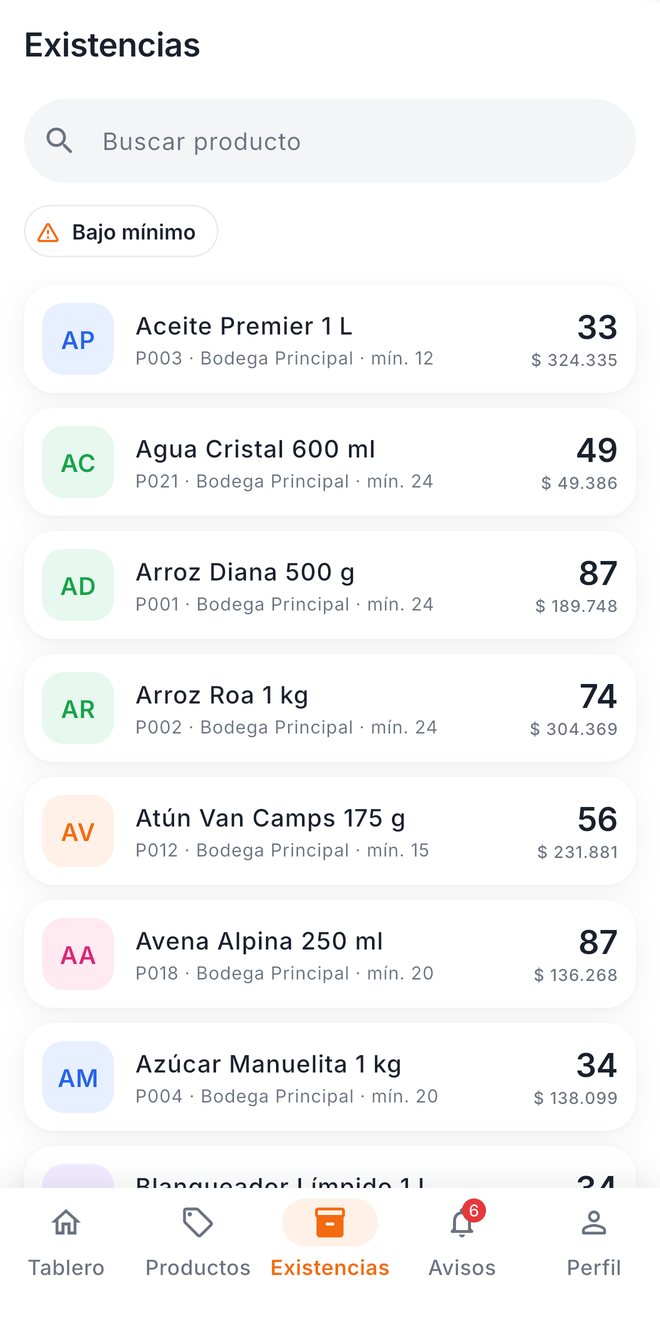 Existencias en la app móvil de CREAPPOS