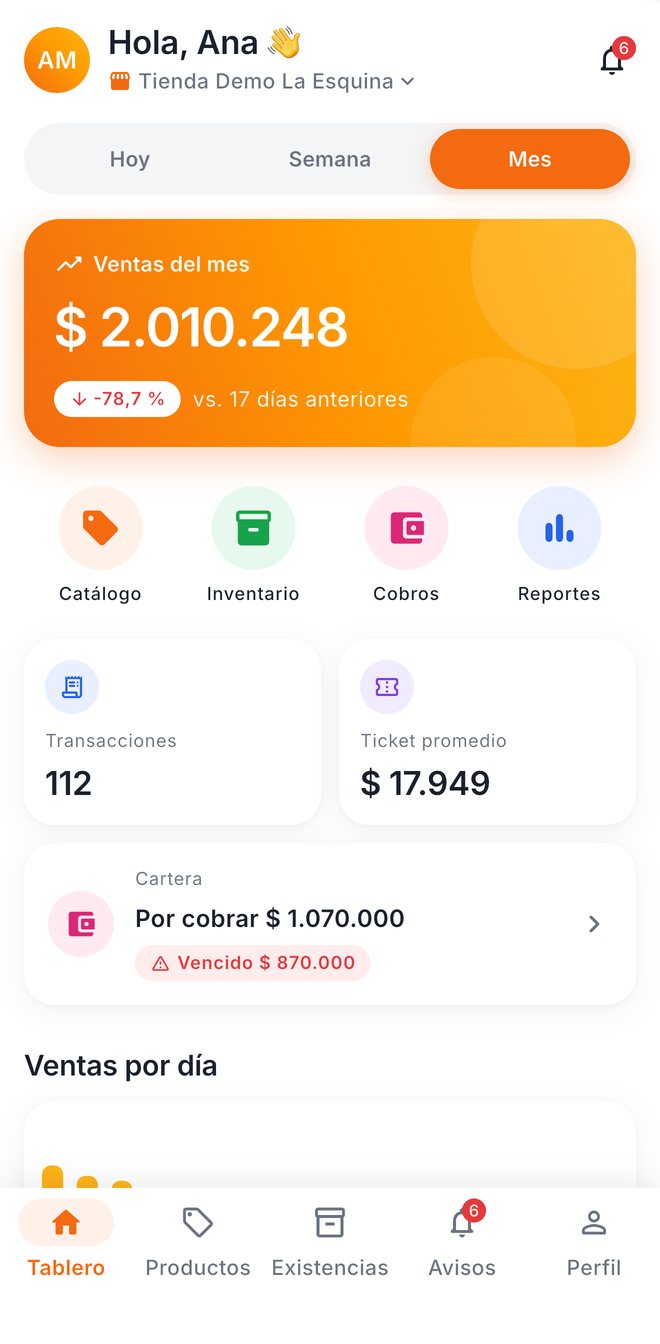 Tablero de la app móvil de CREAPPOS