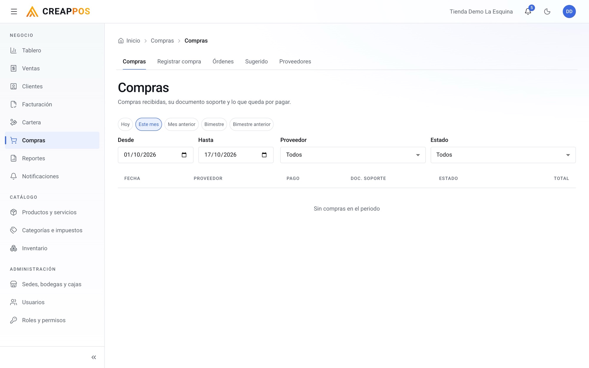 Compras registradas en CREAPPOS