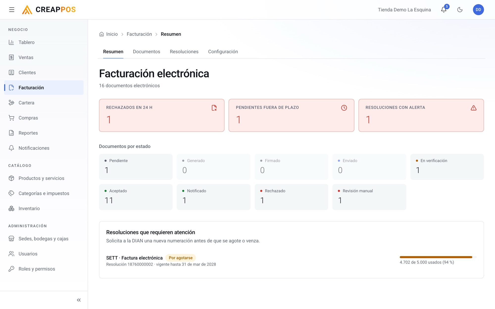 Resumen de facturación electrónica en CREAPPOS