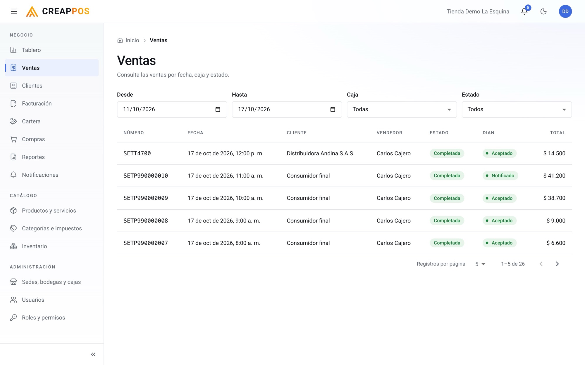 Listado de ventas en CREAPPOS